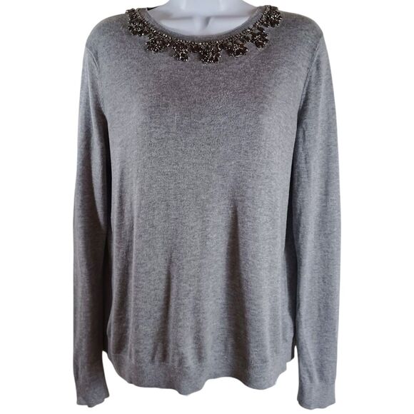Lauren Ralph Lauren Gray Embellished Jewel Sweater L Lightweight Beaded Knit Top - Picture 2 of 8
